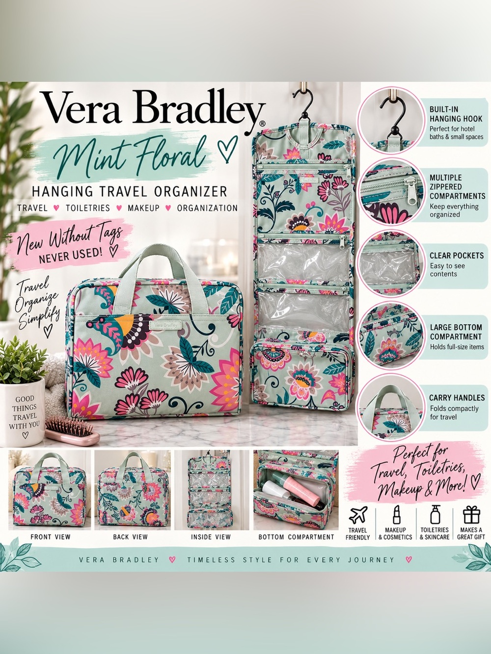 Vera Bradley Mint Floral Hanging Travel Organizer NWOT